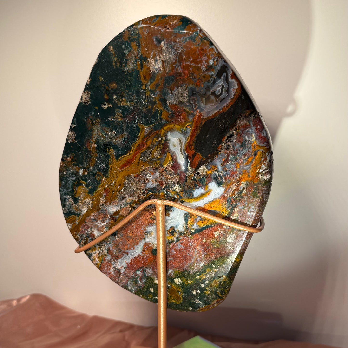 Jasper Slab with Blue Chalcedony Inclusions on Custom Gold Stand