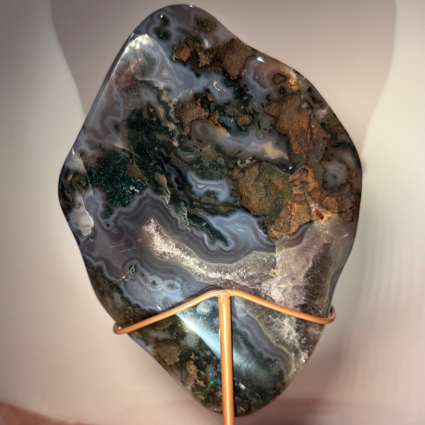 Moss Agate Slab with Blue Chalcedony & Quartz on Custom Gold Stand
