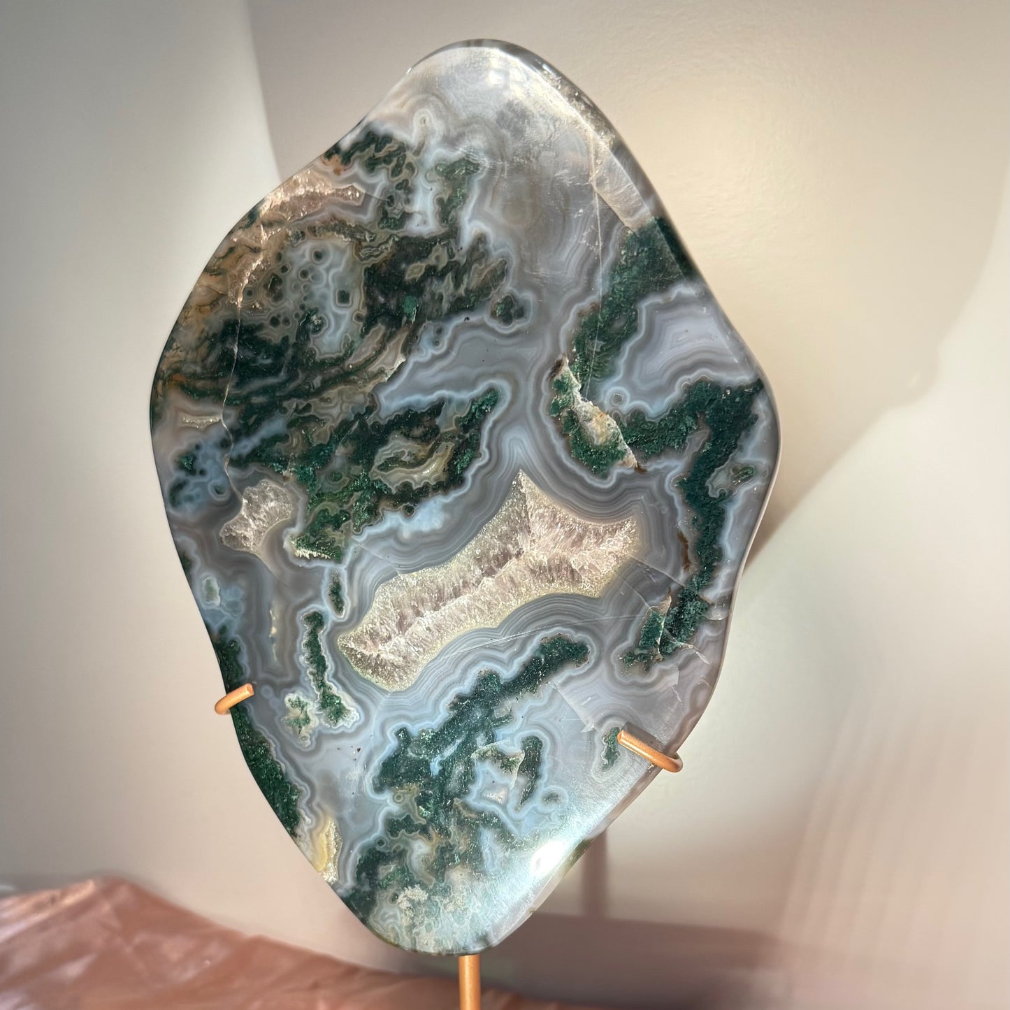 Moss Agate Slab with Blue Chalcedony & Quartz on Custom Gold Stand