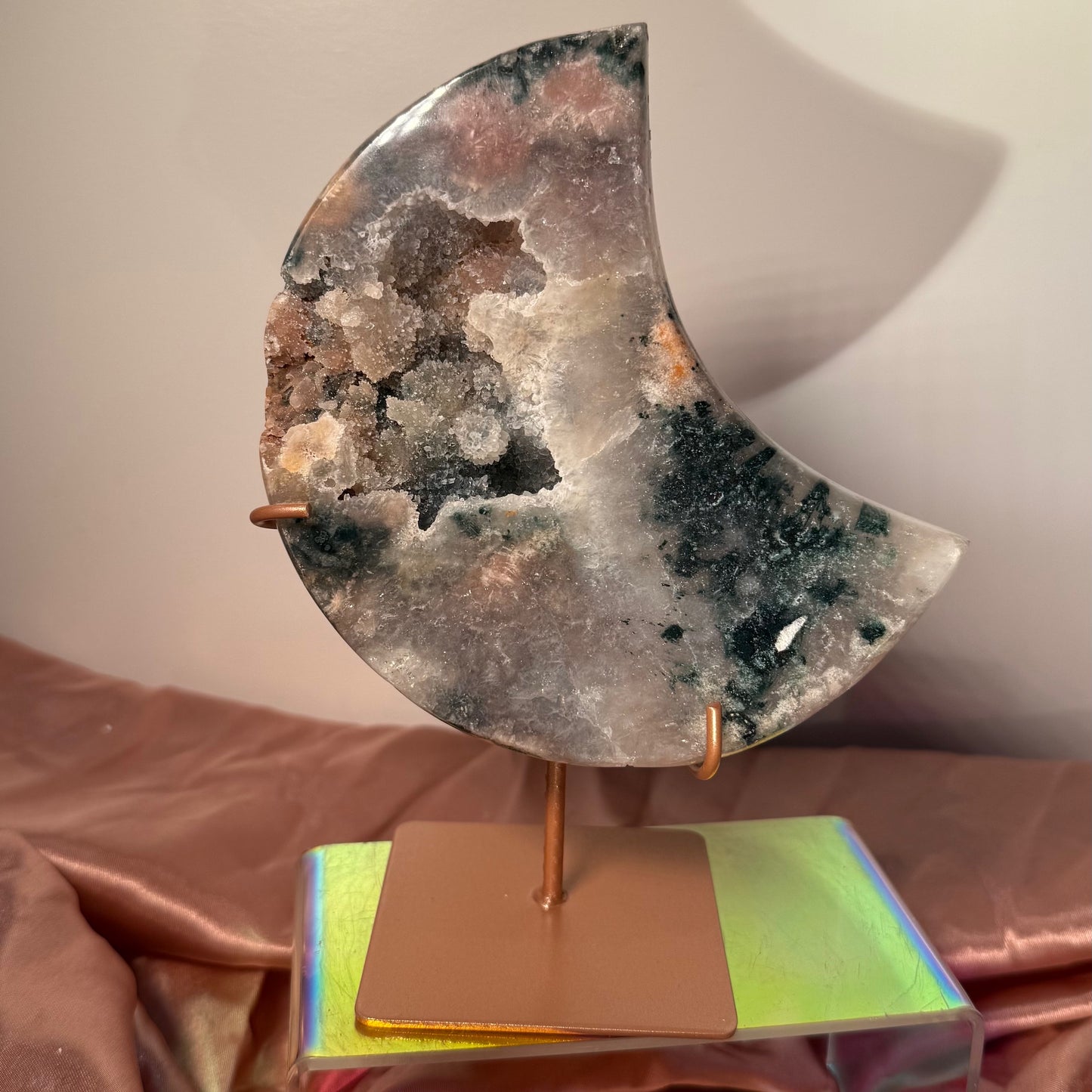 Moss Agate Slab with Blue Chalcedony & Quartz on Custom Gold Stand