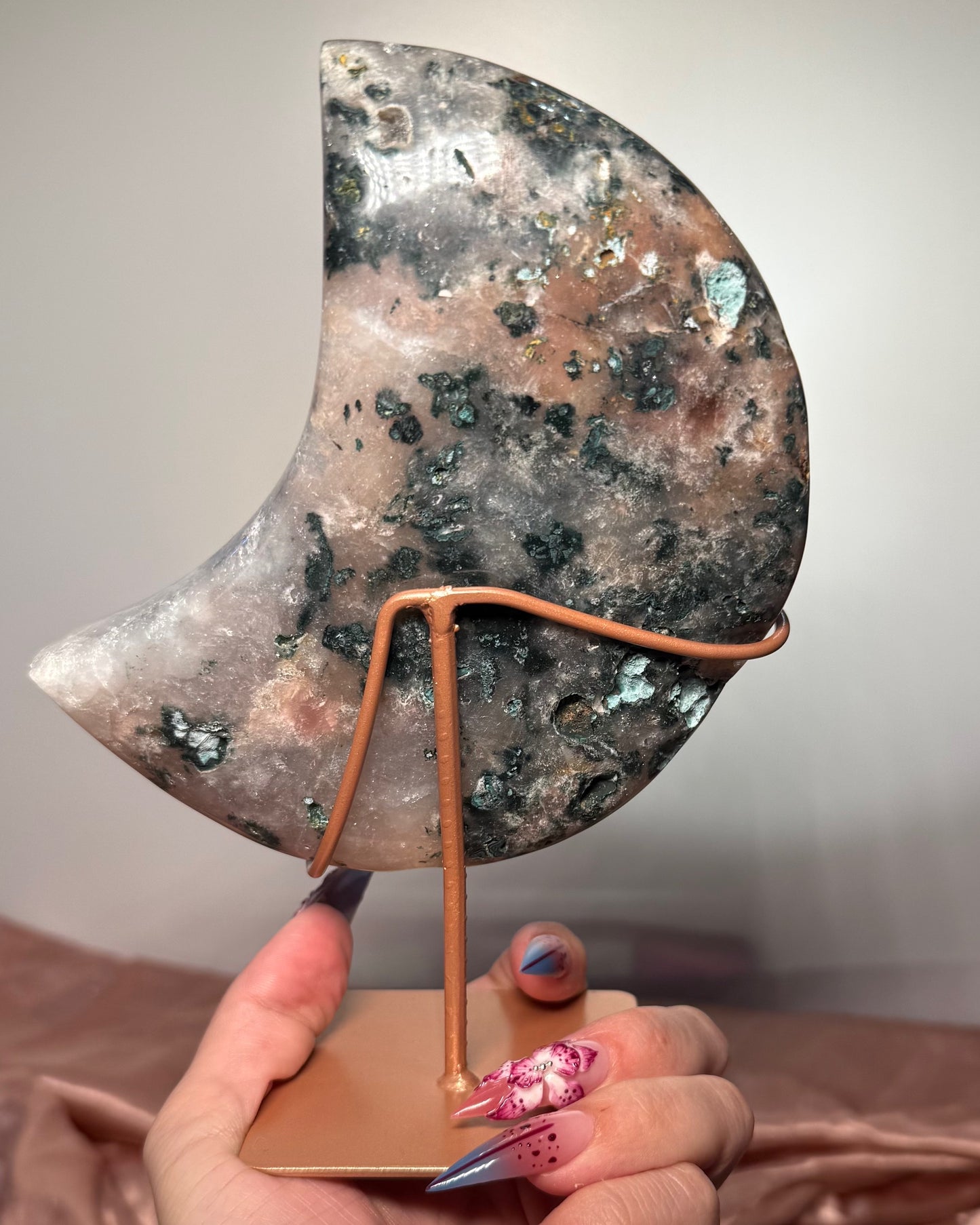 Moss Agate Slab with Blue Chalcedony & Quartz on Custom Gold Stand