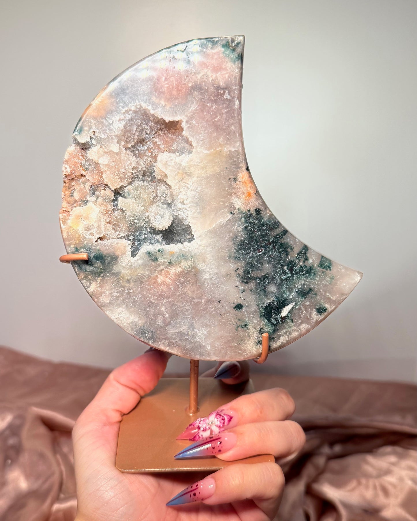 Moss Agate Slab with Blue Chalcedony & Quartz on Custom Gold Stand