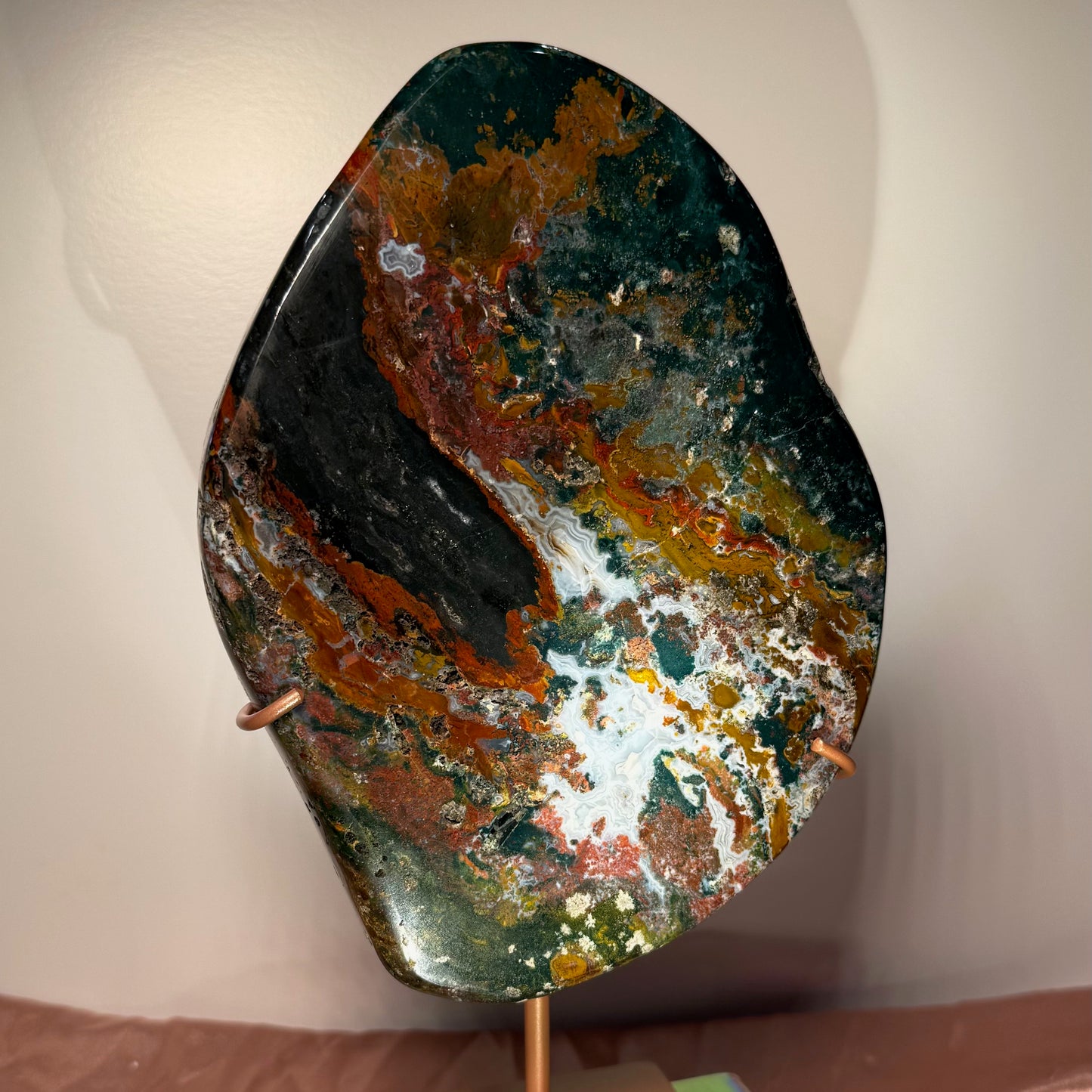 Jasper Slab with Blue Chalcedony Inclusions on Custom Gold Stand