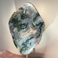Moss Agate Slab with Blue Chalcedony & Quartz on Custom Gold Stand