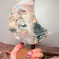 Moss Agate Slab with Blue Chalcedony & Quartz on Custom Gold Stand